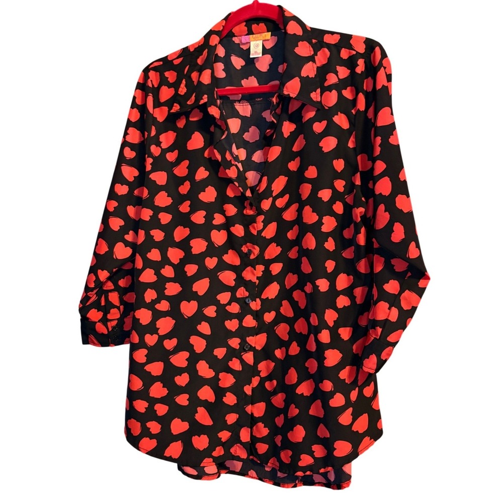 Catch‎ My I Womens XL Black Red Heart Print Button Down Blouse Back Detail Top